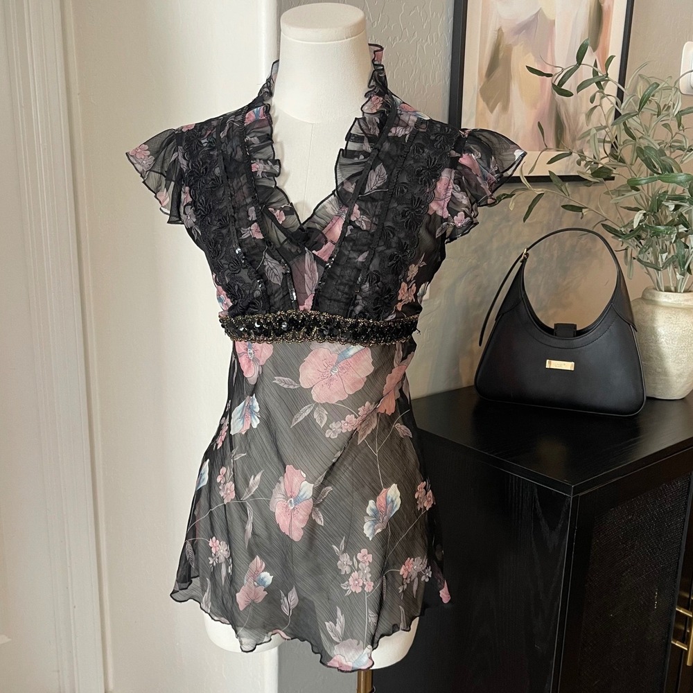 Y2K Sequin Fairy Floral Sheer Blouse Women M Black Pink Y2K Fairycore Ruffle Top